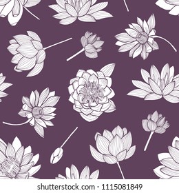Floral seamless pattern with elegant blooming lotus hand drawn with contour lines on purple background. Backdrop with exotic flowers, buds and leaves. Natural vector illustration for wrapping paper.