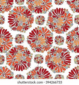 Floral seamless pattern. Elegant bouquet of flowers and small bugs on a white background, hand drawn, vector.