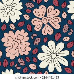 Floral seamless pattern. Elegant flower background. Trendy cute design for wallpaper, textile design, packing, fabric, paper, print fairy design. Modern groovy design