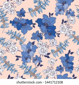 Floral seamless pattern with elegant flowers and a branch of berries