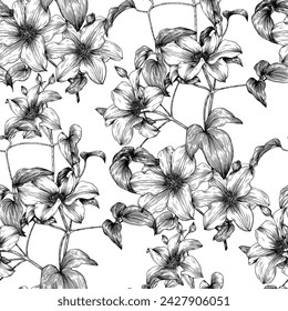 Floral seamless pattern elegant flowers of Clematis. Hand drawn elements black on white. Vintage vector background for design packaging, textile, wallpaper, fabric, digital paper