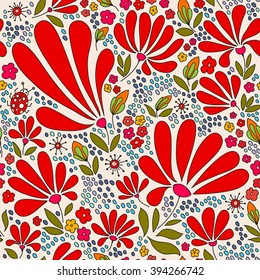 Floral seamless pattern. Elegant flowers, leaves, bugs and stones on a white background, hand-drawn vector.