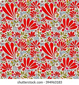 Floral seamless pattern. Elegant flowers, leaves, bugs and stones on a white background, hand-drawn vector.