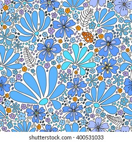Floral seamless pattern. Elegant flowers, leaves, bugs and stones on a white background, hand drawn vector background .