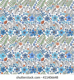 Floral seamless pattern. Elegant flowers, leaves, bugs and stones on a white background, hand drawn vector background.