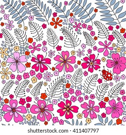 Floral seamless pattern. Elegant flowers, leaves, bugs and stones on a white background, hand-drawn vector.