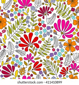 Floral seamless pattern. Elegant flowers, leaves, bugs and stones on a white background, hand-drawn vector.