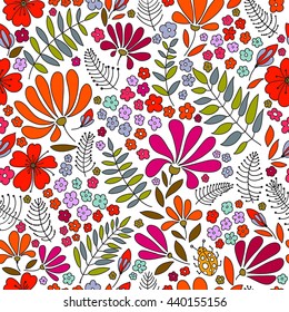 Floral seamless pattern. Elegant flowers, leaves, bugs and stones on a white background, hand-drawn vector.