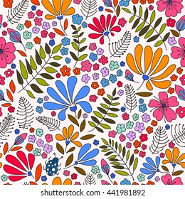 Floral seamless pattern. Elegant flowers, leaves, bugs and stones on a white background, hand-drawn vector.
