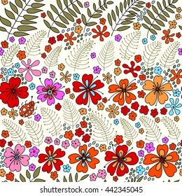Floral seamless pattern. Elegant flowers, leaves, bugs and stones on a white background, hand-drawn vector.