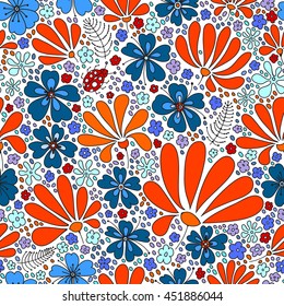 Floral seamless pattern. Elegant flowers, leaves, bugs and stones on a white background, hand-drawn vector.