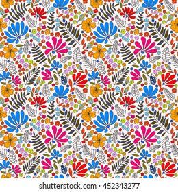 Floral seamless pattern. Elegant flowers, leaves, bugs and stones on a white background, hand-drawn vector.