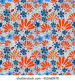 Floral seamless pattern. Elegant flowers, leaves, bugs and stones on a white background, hand-drawn vector.