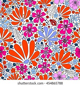 Floral seamless pattern. Elegant flowers, leaves, bugs and stones on a white background, hand-drawn vector.