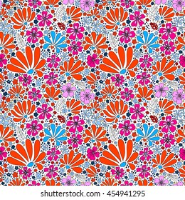Floral seamless pattern. Elegant flowers, leaves, bugs and stones on a white background, hand-drawn vector.