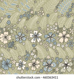 Floral seamless pattern. Elegant flowers, leaves, bugs and stones, graphics drawn by hand, vector texture.