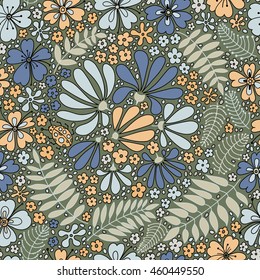 Floral seamless pattern. Elegant flowers, leaves, bugs and stones, graphics drawn by hand, vector texture.