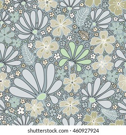 Floral seamless pattern. Elegant flowers, leaves, bugs and stones, graphics drawn by hand, vector texture.