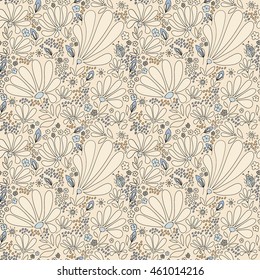 Floral seamless pattern. Elegant flowers, leaves, bugs and stones, graphics drawn by hand, vector texture.