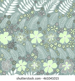 Floral seamless pattern. Elegant flowers, leaves, bugs and stones, graphics drawn by hand, vector texture.