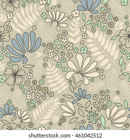 Floral seamless pattern. Elegant flowers, leaves, bugs and stones, graphics drawn by hand, vector texture.
