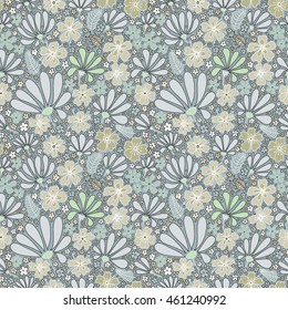 Floral seamless pattern. Elegant flowers, leaves, bugs and stones, graphics drawn by hand, vector texture.