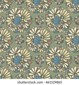 Floral seamless pattern. Elegant flowers, leaves, bugs and stones, graphics drawn by hand, vector texture.