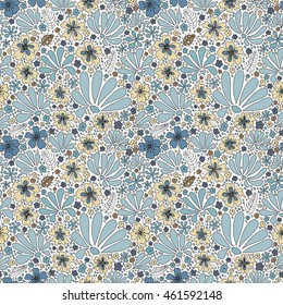 Floral seamless pattern. Elegant flowers, leaves, bugs and stones, graphics drawn by hand, vector texture.