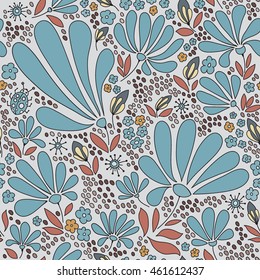 Floral seamless pattern. Elegant flowers, leaves, bugs and stones, graphics drawn by hand, vector texture.