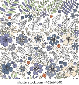 Floral seamless pattern. Elegant flowers, leaves, bugs and stones, graphics drawn by hand, vector texture.