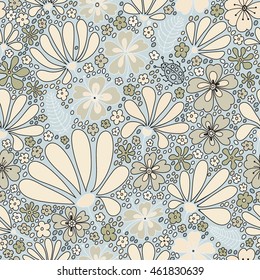Floral seamless pattern. Elegant flowers, leaves, bugs and stones, graphics drawn by hand, vector texture.