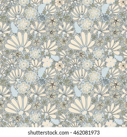 Floral seamless pattern. Elegant flowers, leaves, bugs and stones, graphics drawn by hand, vector texture.