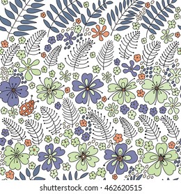Floral seamless pattern. Elegant flowers, leaves, bugs and stones, graphics drawn by hand, vector texture.
