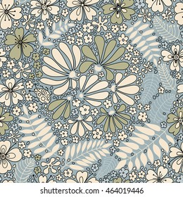 Floral seamless pattern. Elegant flowers, leaves, bugs and stones, graphics drawn by hand, vector texture.