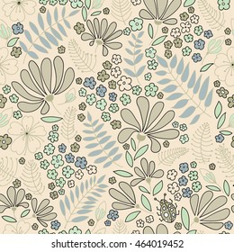 Floral seamless pattern. Elegant flowers, leaves, bugs and stones, graphics drawn by hand, vector texture.