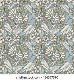Floral seamless pattern. Elegant flowers, leaves, bugs and stones, graphics drawn by hand, vector texture.