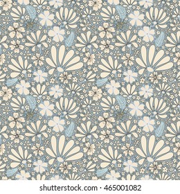 Floral seamless pattern. Elegant flowers, leaves, bugs and stones, graphics drawn by hand, vector texture.