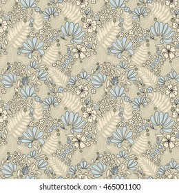 Floral seamless pattern. Elegant flowers, leaves, bugs and stones, graphics drawn by hand, vector texture.