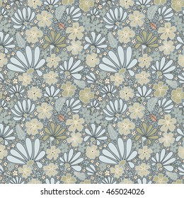 Floral seamless pattern. Elegant flowers, leaves, bugs and stones, graphics drawn by hand, vector texture.