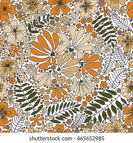 Floral seamless pattern. Elegant flowers, leaves, bugs and stones, graphics drawn by hand, vector texture.