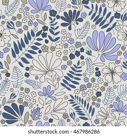 Floral seamless pattern. Elegant flowers, leaves, bugs and stones, graphics drawn by hand, vector texture.