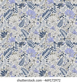 Patrón floral sin fisuras. Elegantes flores, hojas, bichos y piedras, gráficas dibujadas a mano, textura de Vector.