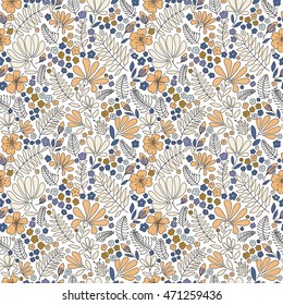 Floral seamless pattern. Elegant flowers, leaves, bugs and stones, graphics drawn by hand, vector texture.