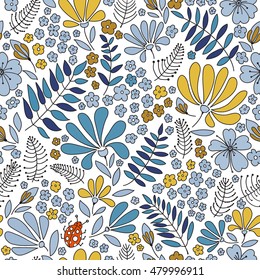  Patrón floral sin fisuras. Flores, hojas, bichos y piedras elegantes, gráficos dibujados a mano, textura vectorial