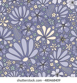 Floral seamless pattern. Elegant flowers, leaves, bugs and stones, graphics drawn by hand, vector texture.