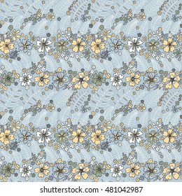 Floral seamless pattern. Elegant flowers, leaves, bugs and stones, graphics drawn by hand, vector texture