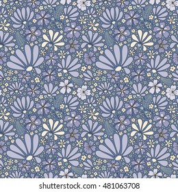 Floral seamless pattern. Elegant flowers, leaves, bugs and stones, graphics drawn by hand, vector texture.