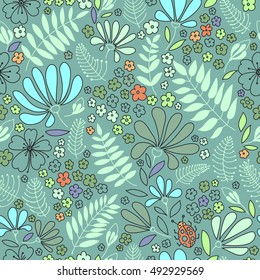 Floral seamless pattern. Elegant flowers, leaves, bugs and stones, graphics drawn by hand, vector texture.
