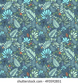 Floral seamless pattern. Elegant flowers, leaves, bugs and stones, graphics drawn by hand, vector texture.