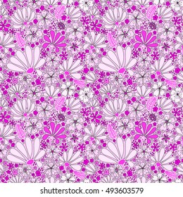 Floral seamless pattern. Elegant flowers, leaves, bugs and stones, graphics drawn by hand, vector texture.